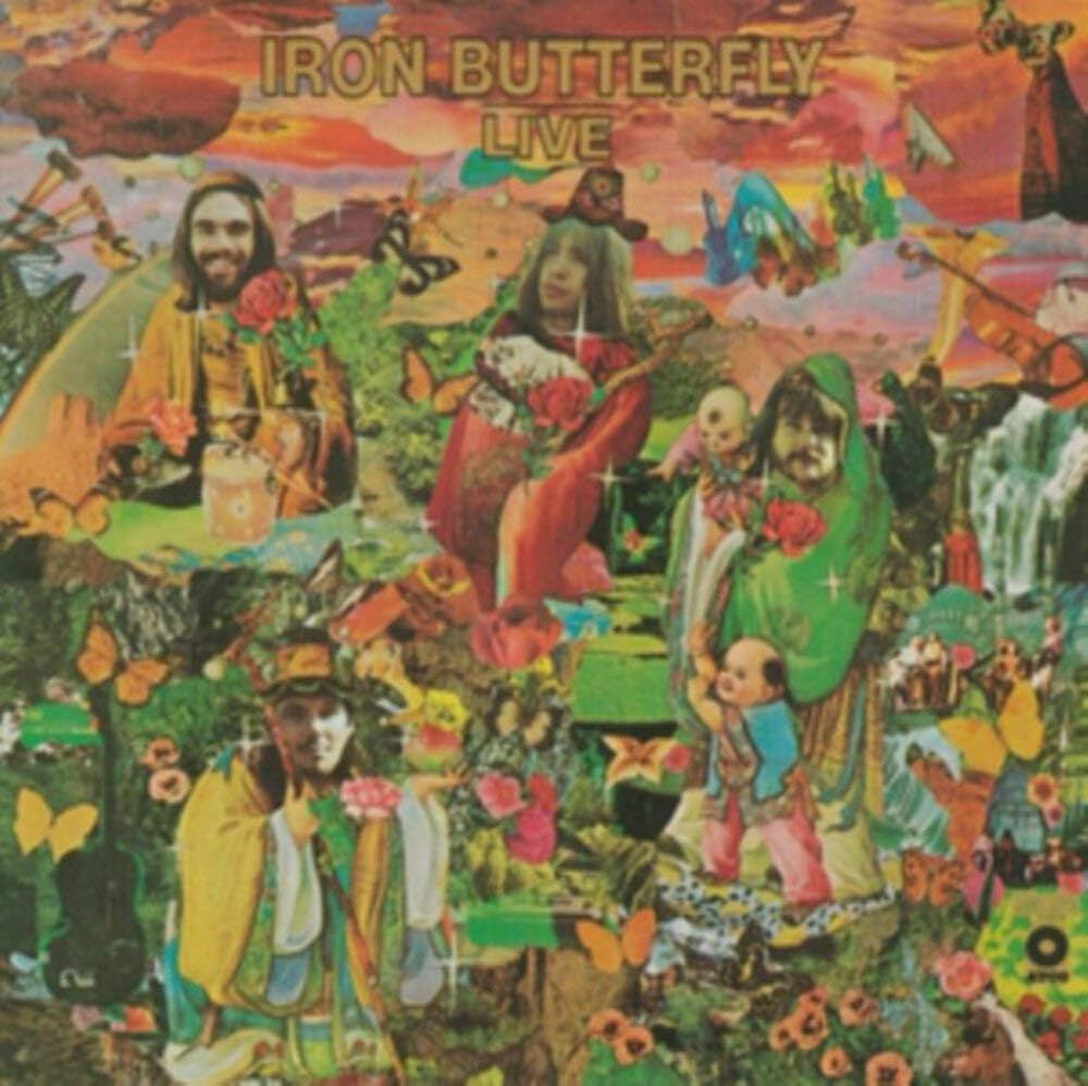 Iron Butterfly'ın 'Live' albümünün kapak tasarımı, canlı performanslar ve psychedelic unsurlarla dolu bir kolaj içeriyor.