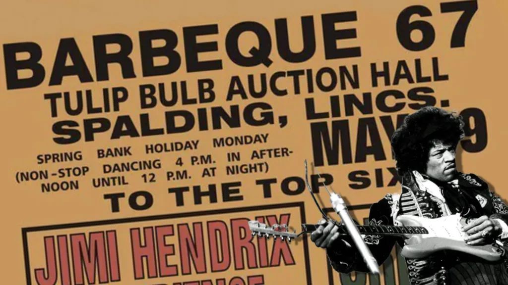 Barbeque 67 konserinin afişi ve Jimi Hendrix'in gitar çaldığı bir görüntü.