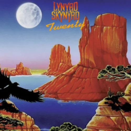 Lynyrd Skynyrd 'Twenty' albüm kapağı, ayın olduğu bir gece ve engebeli kayalıklarla dolu bir manzara çizimi.