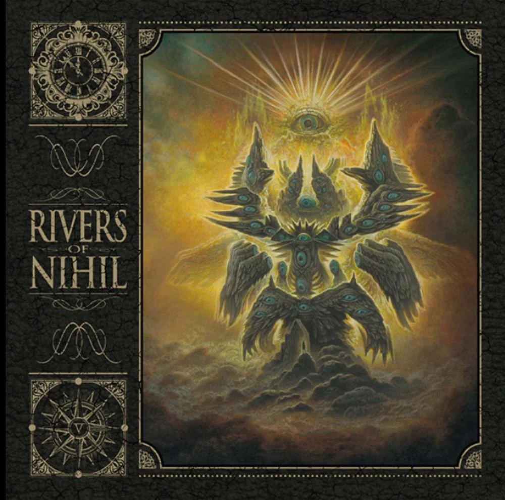 Rivers of Nihil grubunun yeni albümü 'Rivers of Nihil' için tasarlanmış sanat eseri; mistik figürlerle dolu, parlak ve soyut bir arka plan üzerinde gösteriliyor.