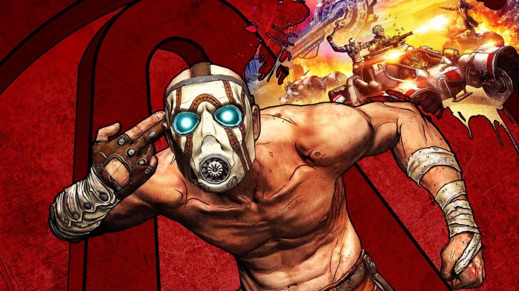 Borderlands oyununa ait, maske takmış bir karakterin ön planda olduğu dinamik bir sahne. Arka planda aksiyon dolu bir araba kovalamacası ve patlamalar görülüyor.