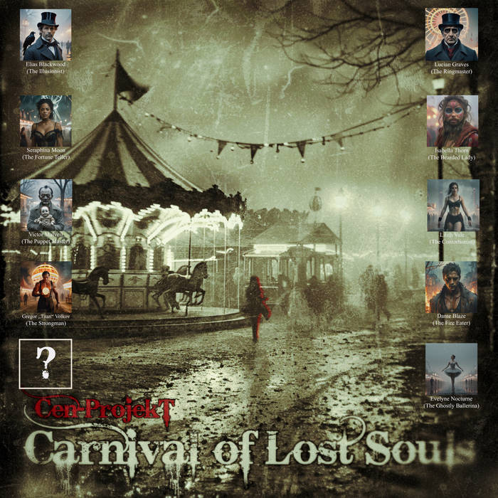 Cen-ProjekT'in _Carnival of Lost Souls_ albümünün kapağı, mistik bir sirk atmosferinde kaybolmuş karakterleri ve karanlık temaları yansıtan sanatsal bir tasarım içeriyor.