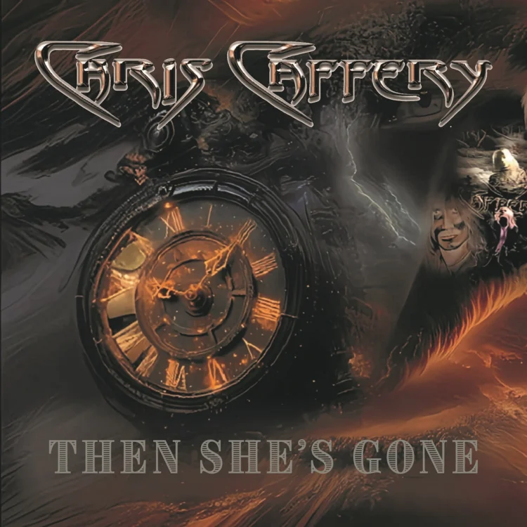 Chris Caffery'nin yeni şarkısı 'Then She’s Gone' için albüm kapak tasarımı, altında başlık ve sanatçının adıyla birlikte görsel olarak dikkat çekici bir arka plana sahip.