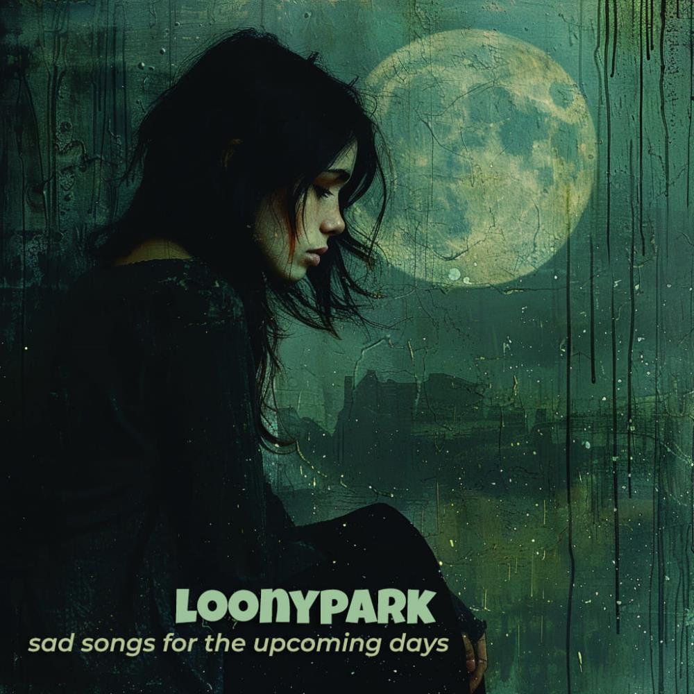Loonypark'un 'Sad Songs for the Upcoming Days' albüm kapak tasarımı, bir kadın figürünün siyah kıyafetler içinde, büyük bir dolunayın arka planda olduğu melankolik bir duruşta yer aldığı sanat eseri.
