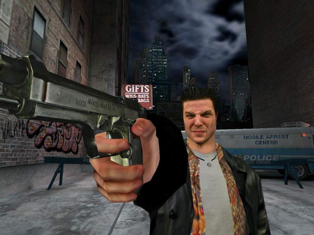 Max Payne karakterinin bir silah tutarken görüntüsü, karanlık bir şehir arka planında yer alıyor.