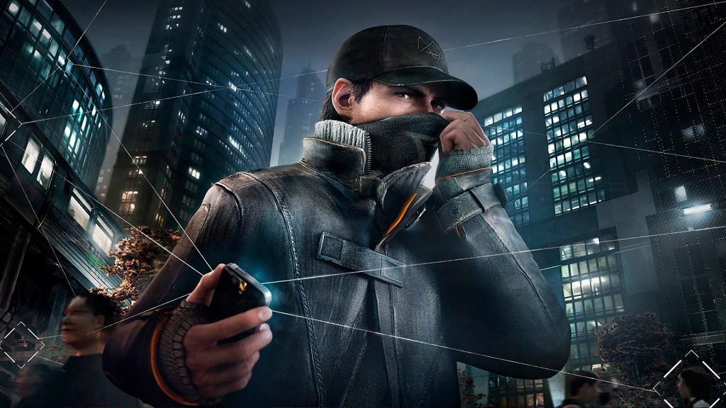 Watch Dogs video game character standing in a cityscape, wearing a dark hooded jacket and mask, holding a device, with a futuristic design overlay.