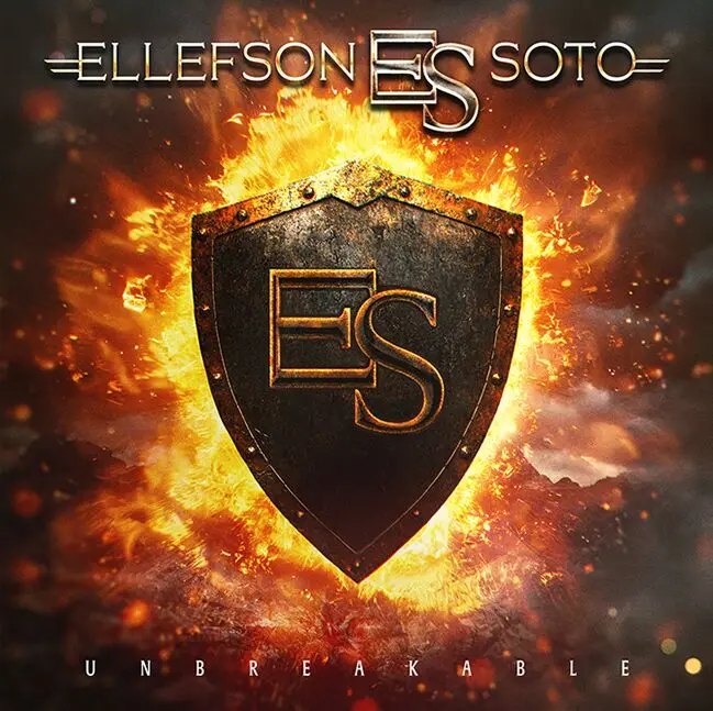 Ellefson-Soto projesinin yeni albümü 'Unbreakable' için hazırlanan kapak tasarımı, alevlerin etrafında bir kalkan ve ES harfleri ile görselleştirilmiş.